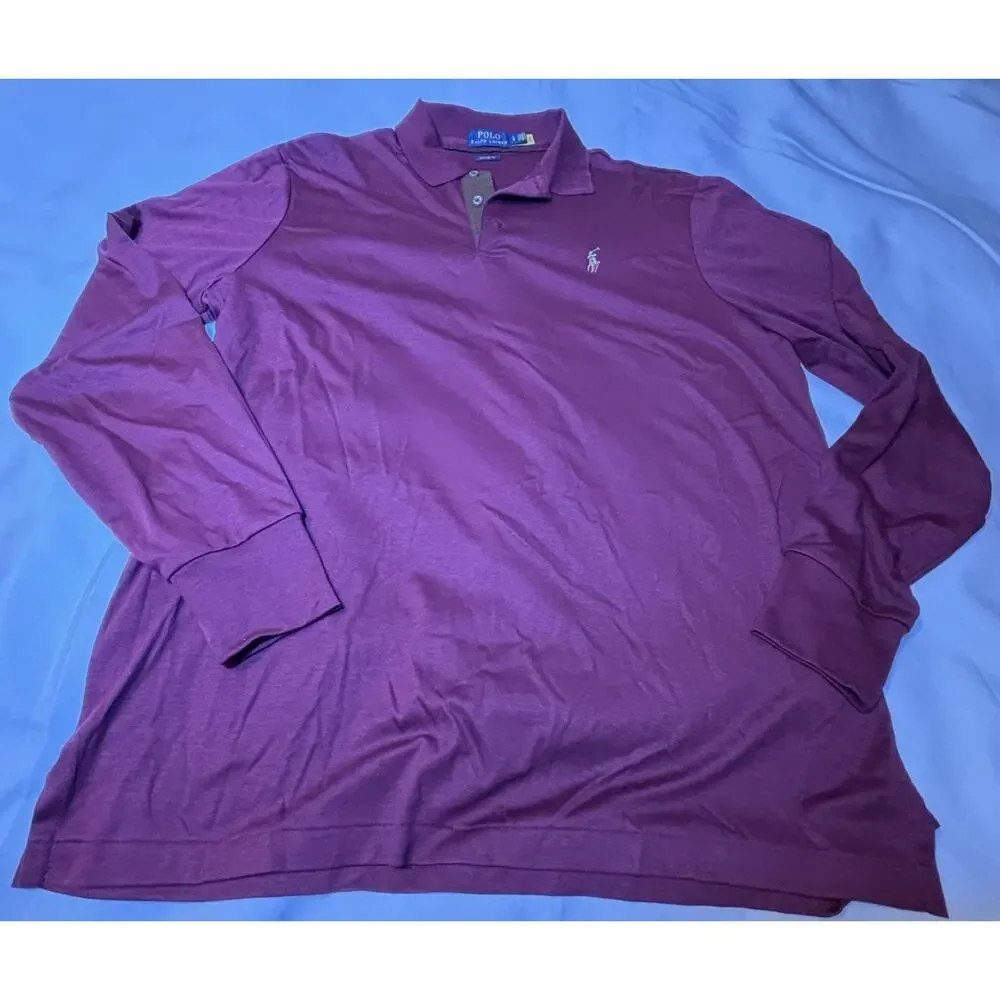 Ralph Lauren Mens Large Burgundy Pima Soft Touch Long Sleeve Polo Shirt